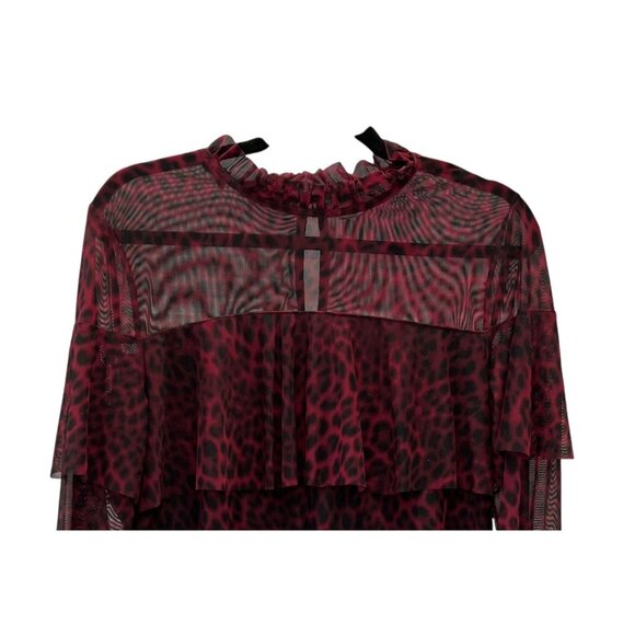 Worthington Womens Sheer Leopard Print Ruffle Blouse Large Black Red Fairygrunge - Picture 2 of 7